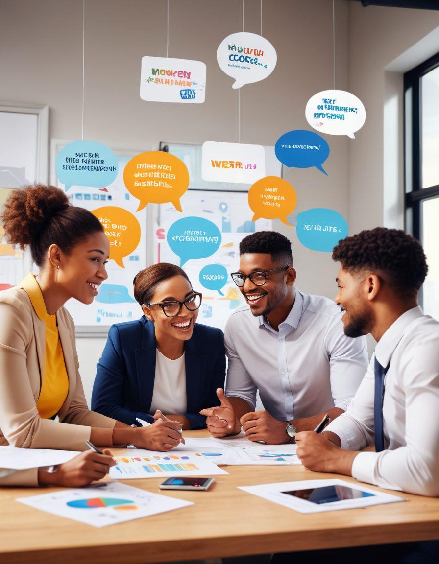 An engaging scene depicting a diverse group of professionals in a bright, collaborative office setting, enthusiastically communicating and sharing ideas. Include visual elements like speech bubbles, charts, and digital devices to symbolize effective communication. Soft, warm lighting to create an inviting atmosphere, and a background of motivational quote posters. super-realistic. vibrant colors. 3D.
