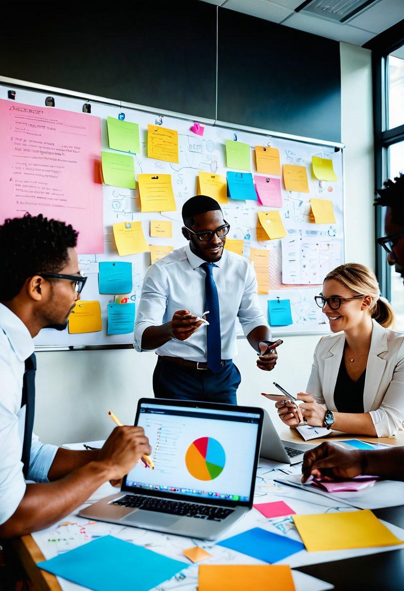 A dynamic group of diverse professionals engaged in a lively brainstorming session, surrounded by digital tools and charts representing outreach strategies. Soft light filters through a modern office space, creating an atmosphere of collaboration and innovation. Include elements like sticky notes with ideas, laptops, and coffee cups, symbolizing productivity and connection. super-realistic. vibrant colors. modern office background.