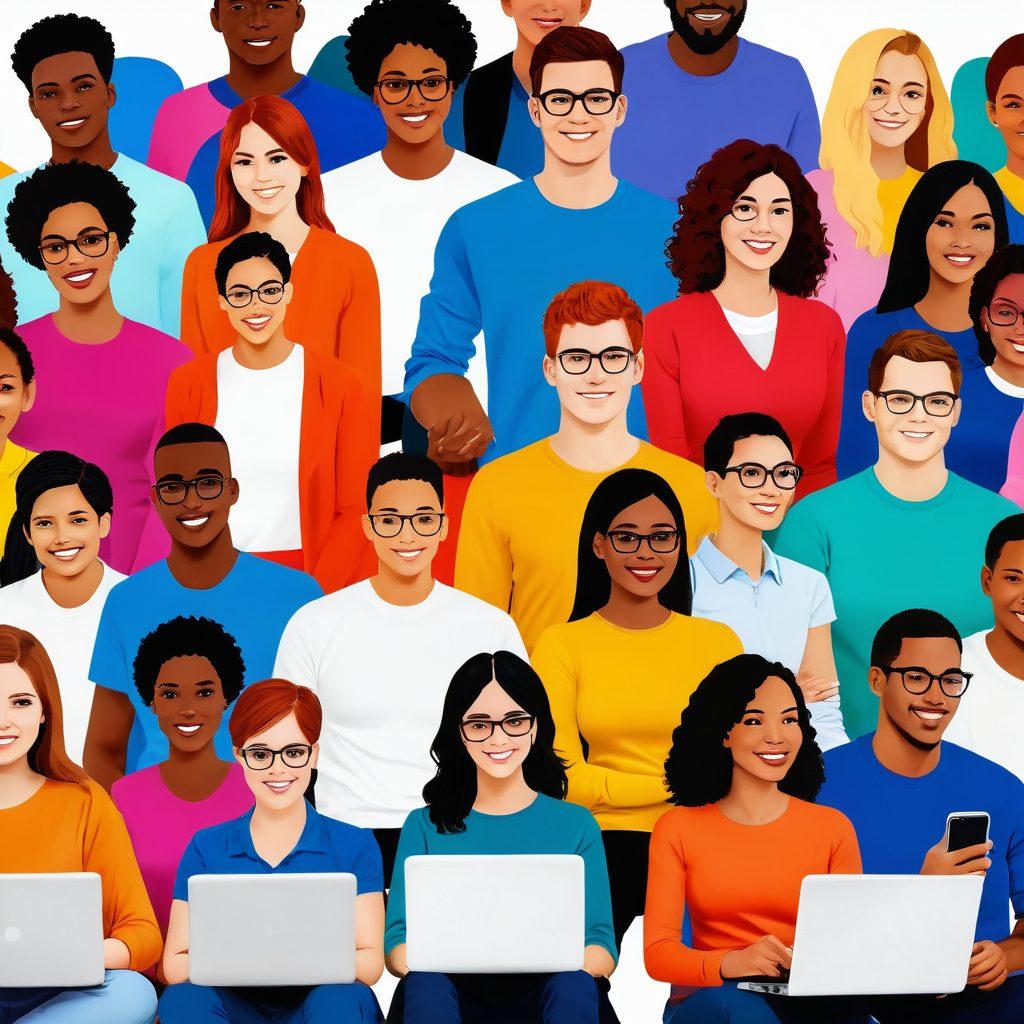 A diverse group of people engaged in a dynamic conversation, showcasing various communication tools like smartphones and laptops around them. Visual metaphors for connection, such as interconnected lines or vibrant social media icons in the background. Emphasize warmth and inclusivity in their expressions, creating a sense of community and engagement. super-realistic. vibrant colors. white background.